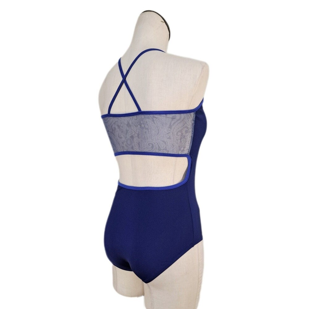 Aja VTG Blue Open Back Cutout Mesh Lace Crossback Tank Leotard AS/SA Size Small - Picture 7 of 14